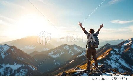 Hiker with raised hands standing on top of a mountain and enjoying the view 129069752