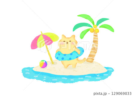 南の島・夏を満喫する浮き輪に入ったかわいい猫の水彩イラスト素材 129069833
