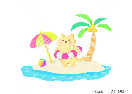 南の島・夏を満喫する浮き輪に入ったかわいい猫　水彩イラスト素材 129069834