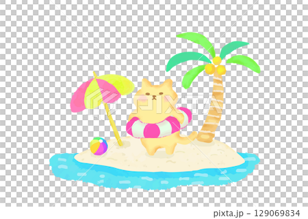 南の島・夏を満喫する浮き輪に入ったかわいい猫　水彩イラスト素材 129069834