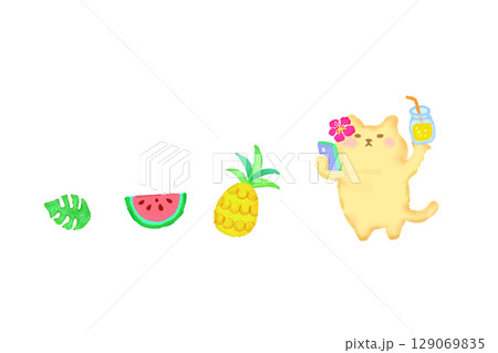 トロピカルジュースを持って自撮りするかわいい猫 水彩イラスト素材 トロピカルジュースを持って自撮りするかわいい猫 水彩イラスト素材 129069835