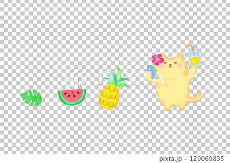 トロピカルジュースを持って自撮りするかわいい猫 水彩イラスト素材 トロピカルジュースを持って自撮りするかわいい猫 水彩イラスト素材 129069835