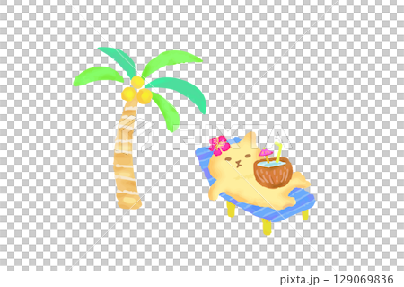 Cute cat relaxing on the beach watercolor illustration 129069836
