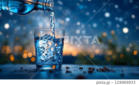 Drink water into a glass on the night background 129069933