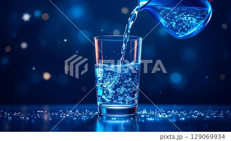 Pouring water into a glass on a blue background with bokeh Pouring water into a glass on a blue background with bokeh 129069934