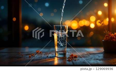 Pouring water into a glass on a wooden table against the background of the night city Pouring water into a glass on a wooden table against the background of the night city 129069936