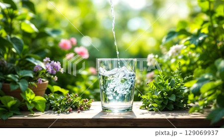 Pouring water into a glass on the background of flowers and plants Pouring water into a glass on the background of flowers and plants 129069937