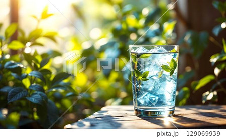 Glass of water with ice cubes and mint leaves on wooden table outdoors Glass of water with ice cubes and mint leaves on wooden table outdoors 129069939