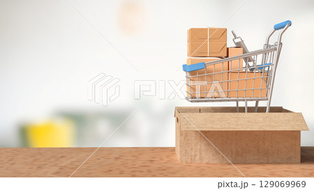 The Shopping Cart in card box for Shipping or transportation concept 3d Rendering. 129069969