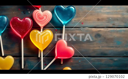 Heart-shaped lollipops in an array of colors displayed on a wooden table, a delightful candy option for Valentine's celebrations 129070102
