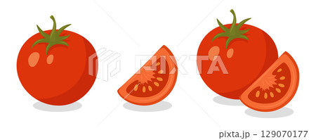 Flat Cartoon Vector Tomato Whole and Sliced for Cooking and Salad Preparation. Fresh Tomato Cut into Wedges. Organic Tomato Illustration with Seeds. Healthy Food, Vegan Menu, Culinary Design 129070177
