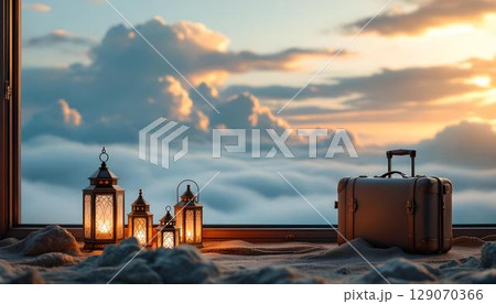 A suitcase and lantern in front of a window showcasing clouds, representing the essence of travel during Ramadan 129070366