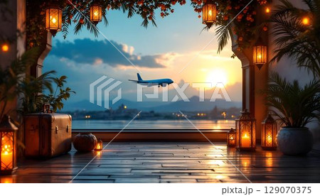 A suitcase and decorative lanterns rest on a table, with an airplane in the background, emphasizing themes of travel during Ramadan 129070375