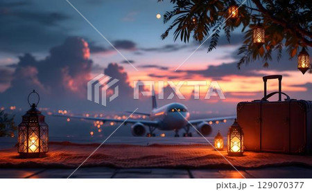 A table holds a suitcase and lanterns, with an airplane in the background, symbolizing preparations for travel during Ramadan 129070377