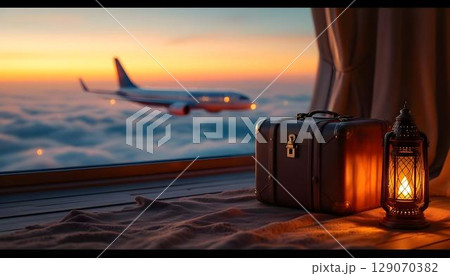 A suitcase and lanterns on a table, with an airplane in the background, symbolizing Ramadan travel preparations 129070382