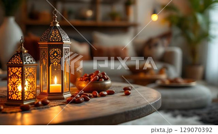 A beautifully set table adorned with a lantern and candles, evoking the warm ambiance of Ramadan 129070392