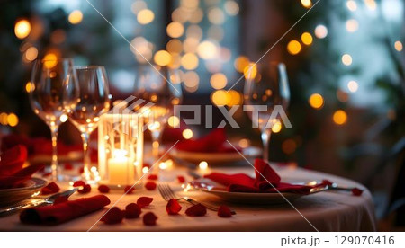 Charming Valentine's Day dinner setup with floral arrangements and wine glasses, setting the mood for romance 129070416