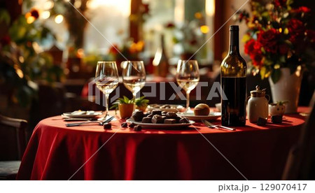 A bottle of red wine alongside a glass on a table, creating an intimate atmosphere for a Valentine's dinner 129070417
