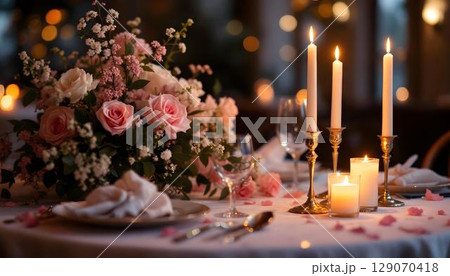 A cozy Valentine dinner table decorated with elegant candles and colorful flowers, perfect for a romantic evening 129070418