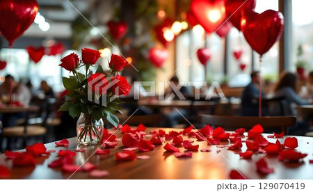 Valentine's Day celebration featuring a table decorated with vibrant flowers and balloons, ideal for a romantic dinner 129070419