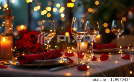 Romantic Valentine's Day dinner table adorned with candles and red roses, creating an intimate and elegant atmosphere Romantic Valentine's Day dinner table adorned with candles and red roses, creating an intimate and elegant atmosphere 129070424