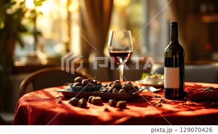 A romantic setting featuring a bottle of red wine and a glass on a table, perfect for a Valentine's dinner A romantic setting featuring a bottle of red wine and a glass on a table, perfect for a Valentine's dinner 129070426