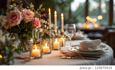 A romantic table set for a Valentine dinner, adorned with candles and fresh flowers, creating an intimate atmosphere 129070428