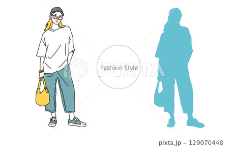 おしゃれなファッションスタイルの女性イラスト素材 129070448
