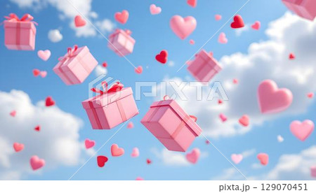 Heart-adorned pink gift boxes glide through the sky, representing the spirit of love on Valentine's Day 129070451