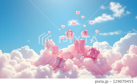 Pink gift boxes embellished with hearts drift through a blue sky, embodying love and happiness for Valentine's Day 129070455