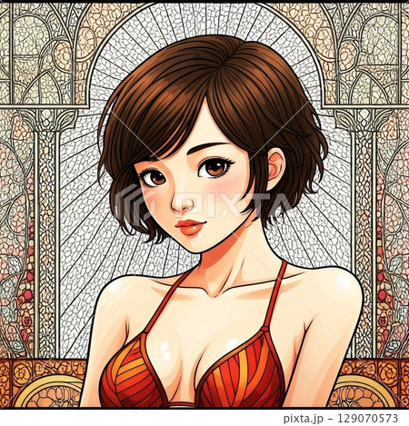 ビキニを着た若い日本人女性のイラスト ビキニを着た若い日本人女性のイラスト 129070573