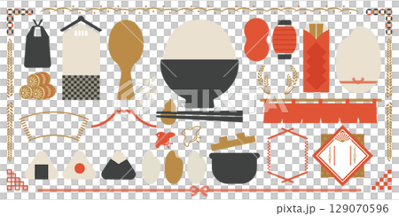 米飯和日本圖標集（無文字）秋季日本框架 | 向量 129070596
