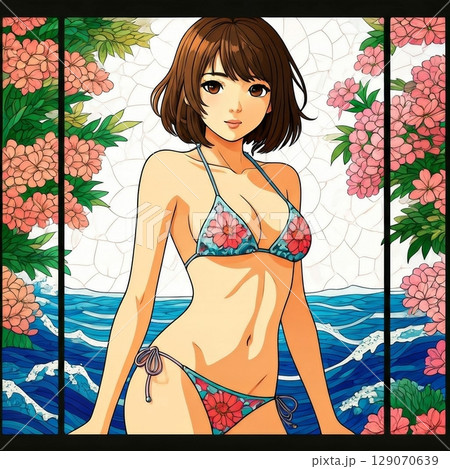 ビキニを着た若い日本人女性のイラスト 129070639