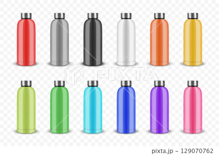 Vector 3d Blank Water Bottle Set in Multiple Colors. Sports Water Bottle for Gym, Hiking and Travel. Stainless Steel Water Bottle Collection for Fitness, Outdoor Activities, Camping, Design Template 129070762