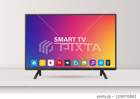 Vector 3d Realistic Smart TV, Isolated. Modern Smart TV. Realistic Smart TV for Technology Mockup. Stylish Television and Remote for App and Branding. Vector Illustration 129070861