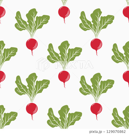 Seamless Radish Pattern, Vector Illustration. Fresh Vegetable Background for Vegan Food, Healthy Organic Farm Produce, Salad Ingredients, Kitchen Textile, Gardening, Agriculture Design, Wallpaper 129070862