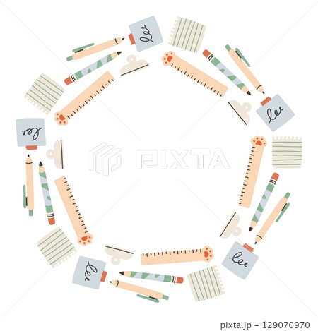 Simple school circle frame. Round school themed border made of different school objects. Soft pastel colors back to school hand drawn vector banner isolated on white background. 129070970