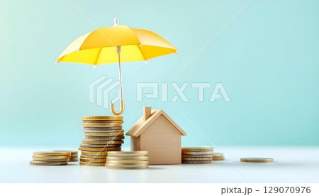A house model placed under an umbrella on a heap of coins, demonstrating how insurance acts as a financial safeguard 129070976