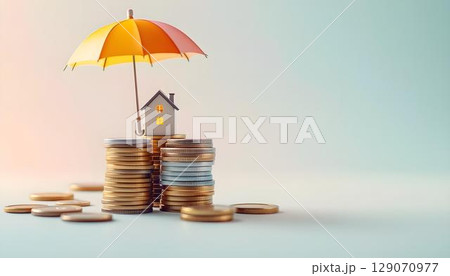 A house replica sheltered by an umbrella on a stack of coins, highlighting the protective benefits of insurance 129070977
