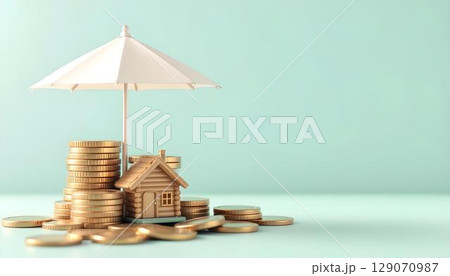 A house model shielded by an umbrella atop a pile of coins, highlighting the protective benefits of insurance 129070987