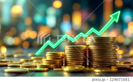 An upward arrow and golden coins depict the growth of impact investing, contrasted with a softly blurred background 129071081