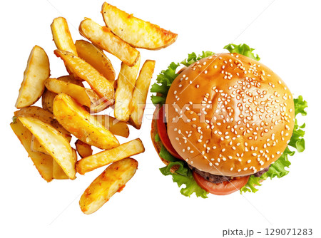 Burger and fried potatoes isolated on white background PNG transparent clipart. 129071283