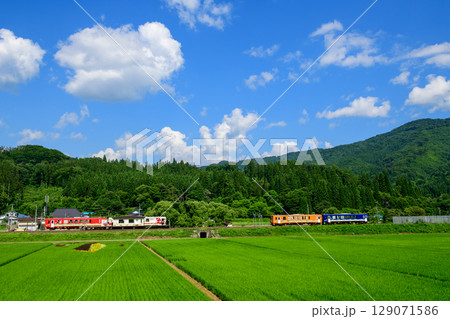 田んぼアートの駅　上桧木内駅に近づく上り列車と行き違いを待つ下り列車　秋田内陸線 129071586