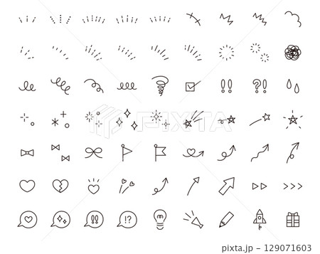 シンプルなアイコンのベクターイラストセット。飾り、ハート、シンプル、星、集中線 129071603