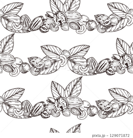 Seamless Vector Pattern, Macadamia Nuts, Walnut, Pecan, Cashew, Hazelnut, Tree Leaves. All objects are hand-drawn with ink. For printing on packaging, kitchen textiles, tableware and decor. Vector 129071872