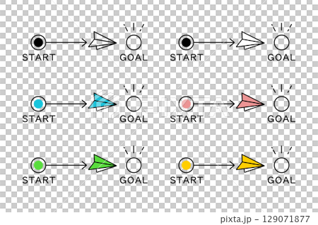 Paper airplanes in various colors flying from the start to the finish line 129071877