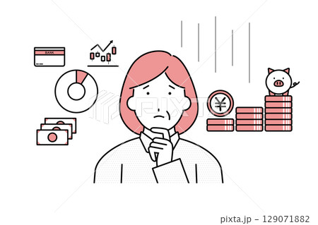 将来のお金や資産形成に不安や悩みを持つ女性のイラスト 129071882