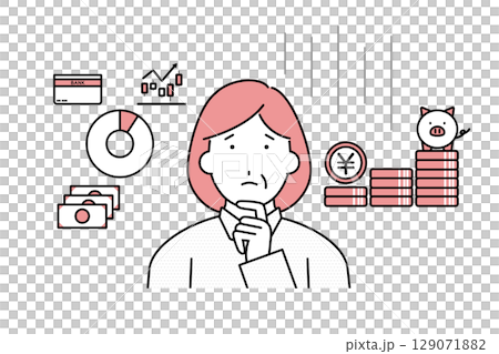 将来のお金や資産形成に不安や悩みを持つ女性のイラスト 129071882
