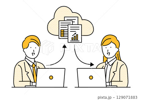 クラウドを利用してデータのやり取りを行うビジネスマンとビジネスウーマンのイラスト クラウドを利用してデータのやり取りを行うビジネスマンとビジネスウーマンのイラスト 129071883