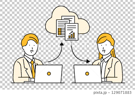 クラウドを利用してデータのやり取りを行うビジネスマンとビジネスウーマンのイラスト クラウドを利用してデータのやり取りを行うビジネスマンとビジネスウーマンのイラスト 129071883